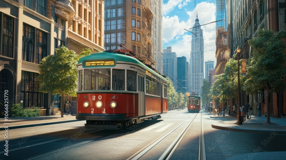 Naklejka premium Vintage tram on a city street, representing historical and cultural transport on a bright day