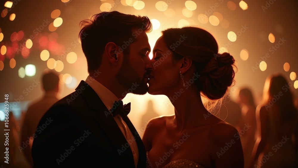 Romantic Couple Sharing Kiss at Wedding Reception Surrounded by Soft Golden Lights and Dancing Guests in Elegant Venue, Celebrating Love, Joy, and Togetherness on Magical Evening Romantic Couple Sharing Kiss at Wedding Reception Surrounded by Soft Golden Lights and Dancing Guests in Elegant Venue, Celebrating Love, Joy, and Togetherness on Magical Evening