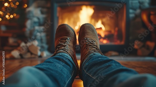 Person in boots warming by fireplace, relaxing indoors, winter comfort, hygge lifestyle, crackling fire, peaceful evening, warmth, self-care, cozy home, relaxation