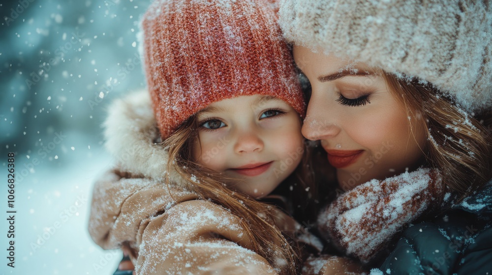 Mother and daughter sharing warm hug in snowy winter landscape, loving family moment, cozy hats, snowflakes, affection, bonding, close-up, holiday season, maternal love Mother and daughter sharing warm hug in snowy winter landscape, loving family moment, cozy hats, snowflakes, affection, bonding, close-up, holiday season, maternal love