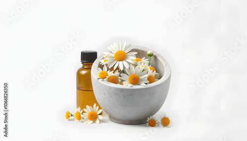 essential oil and camomile flowers in mortar isolated with white shades, png photo