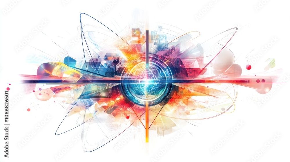 Obraz premium nuclear power plant, illustrated with geometric shapes and vibrant colors. The design includes energy waves and particle streams flowing through the structure,