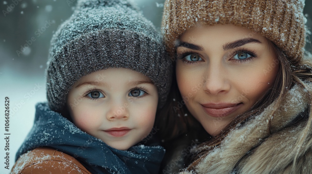 Mother and young son smiling in winter snow, cozy hats, bonding moment, family affection, snowy landscape, holiday season, love, happiness, warmth, close-up Mother and young son smiling in winter snow, cozy hats, bonding moment, family affection, snowy landscape, holiday season, love, happiness, warmth, close-up