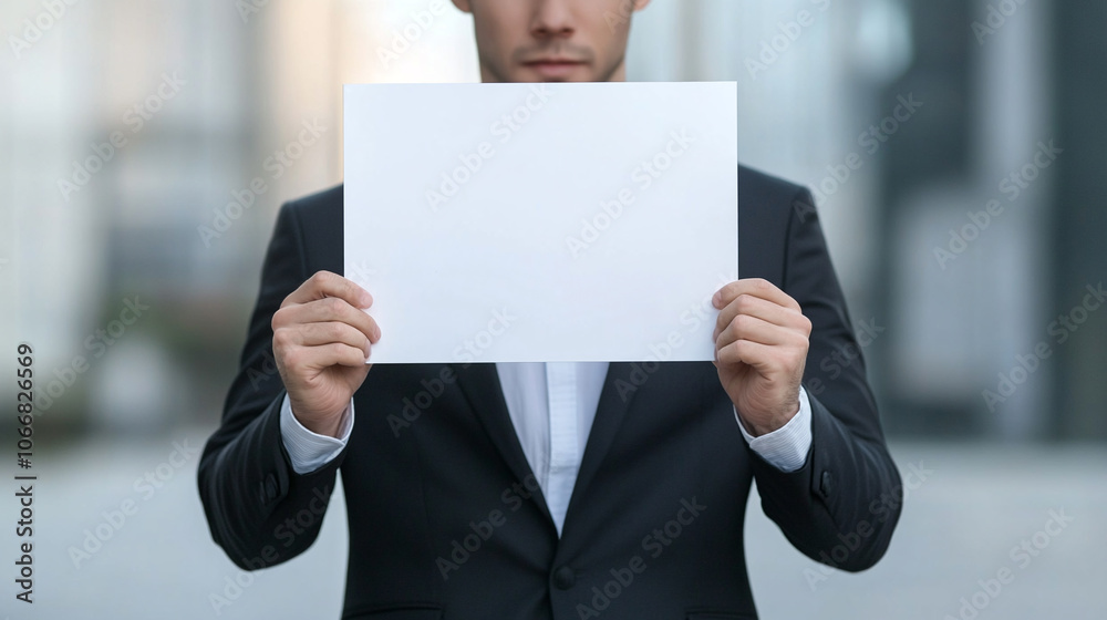 Man in business suit holds blank white sheet of paper in front of him. Copy space for your text Man in business suit holds blank white sheet of paper in front of him. Copy space for your text