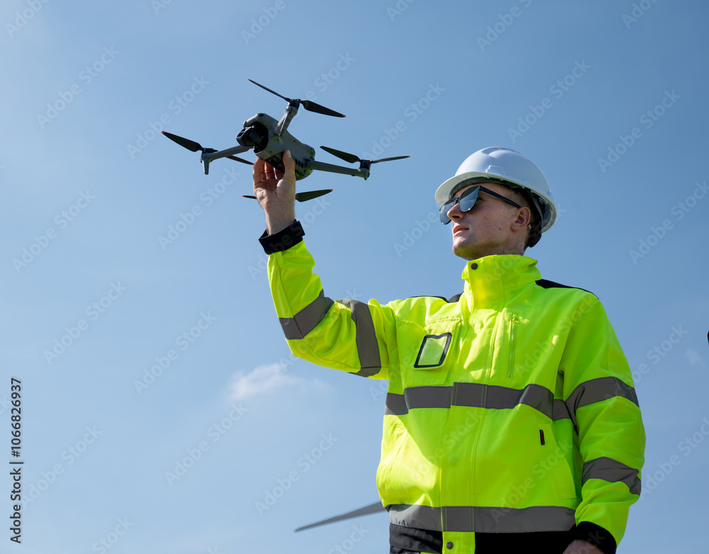 Maintenance engineer team working at wind turbine farm. Skill people using drone flying navigating above alternative renewable energy wind power station. Sustainable clean energy technology. Ecology Maintenance engineer team working at wind turbine farm. Skill people using drone flying navigating above alternative renewable energy wind power station. Sustainable clean energy technology. Ecology