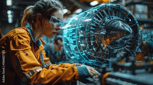 Aerospace Technician Testing Jet Engine Efficiency with High-Tech Equipment in a State-of-the-Art Hangar