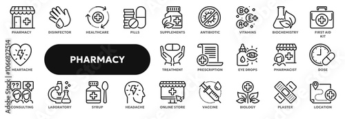 Set of vector line icons related to pharmacy and medicine, first aid, medical pills and vaccine. Symbols for website or app ui, logo design, illustration