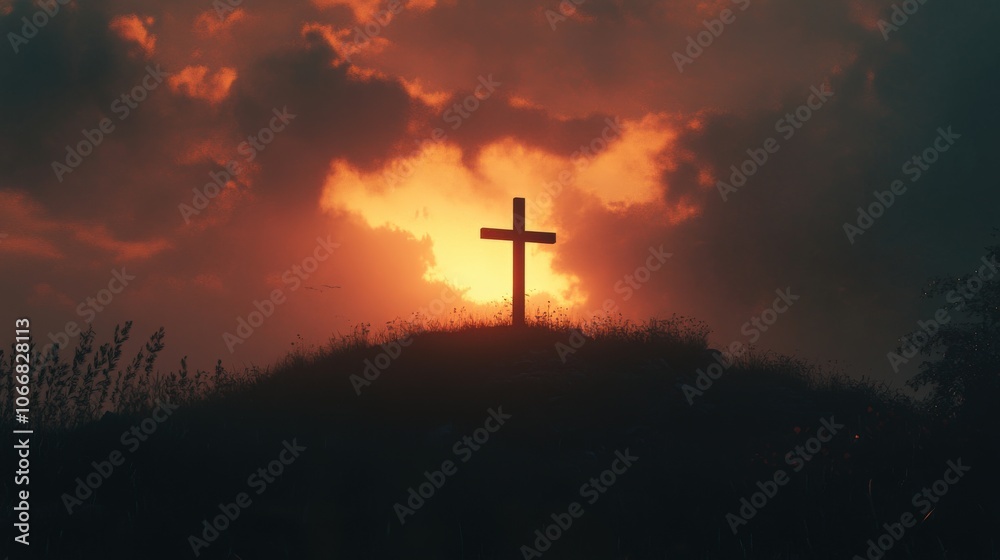 A cross stands on a small hilltop, silhouetted against a colorful sunset sky. The clouds are illuminated with warm tones as daylight fades, creating a serene atmosphere A cross stands on a small hilltop, silhouetted against a colorful sunset sky. The clouds are illuminated with warm tones as daylight fades, creating a serene atmosphere