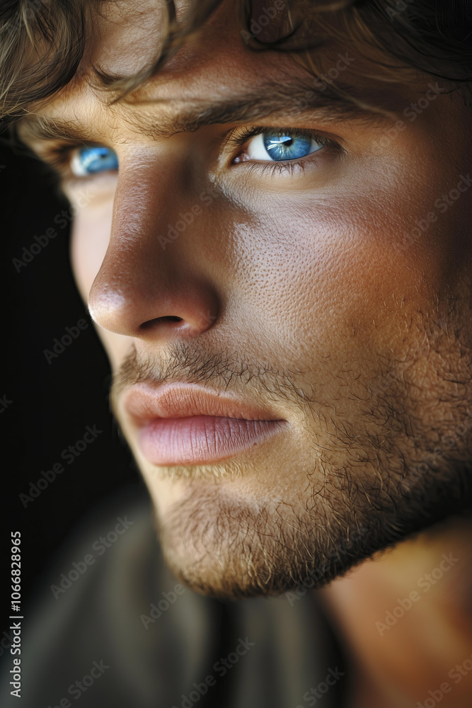 Obraz premium attractive man with blue eyes, very handsome and muscular, with natural lighting, against a dark background. He has wavy hair that is slightly messy, looking to the side