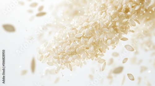 rice grains floating and dispersing in mid-air, with tiny glowing particles and soft shadows on a clean white background photo