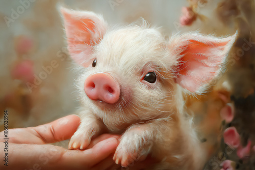 Painted Cute Piglet with big eyes being held gently, showcasing its soft pink ears and nose. Perfect for themes of Cuteness, Farm Animals, and innocence.