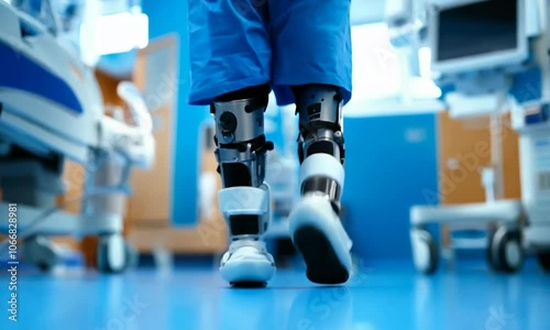 Person walking with robotic leg braces in a medical setting.