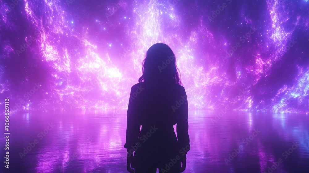 Silhouette of a Woman Facing a Vibrant Purple Nebula Over a Watery Surface