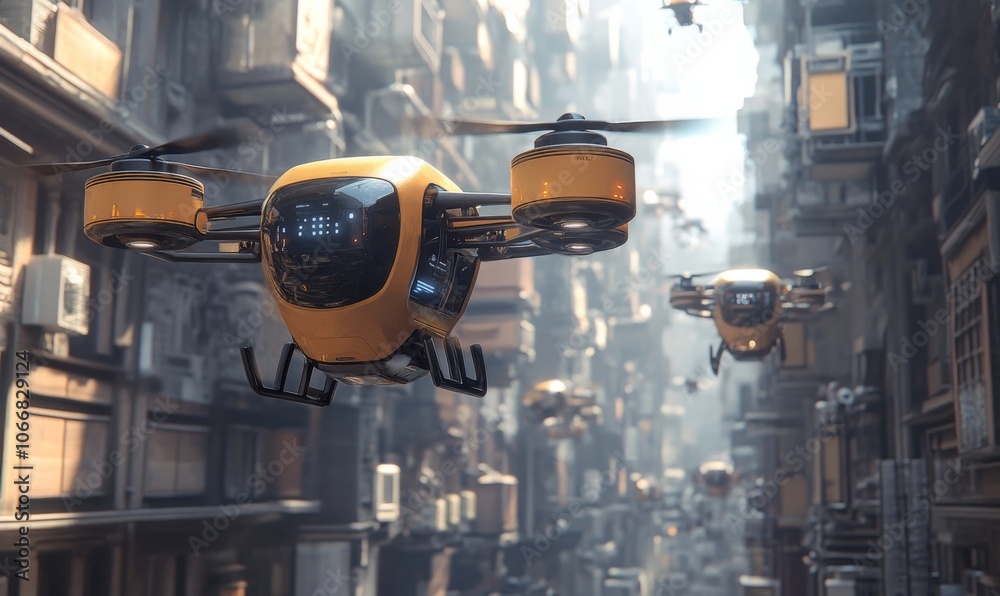 Autonomous drone delivering packages in an urban environment, tech-driven logistics, 3D illustration Autonomous drone delivering packages in an urban environment, tech-driven logistics, 3D illustration