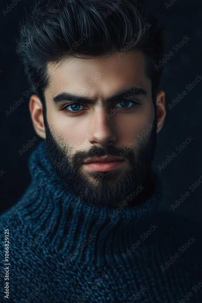 handsome man with black hair and a beard, dark blue eyes, and a long turtleneck sweater. He has very masculine features, and the image has a model photoshoot style with professional photography handsome man with black hair and a beard, dark blue eyes, and a long turtleneck sweater. He has very masculine features, and the image has a model photoshoot style with professional photography