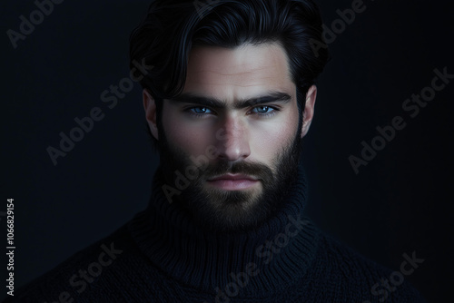 handsome man with black hair and a beard, dark blue eyes, and a long turtleneck sweater. He has very masculine features, and the image has a model photoshoot style with professional photography 