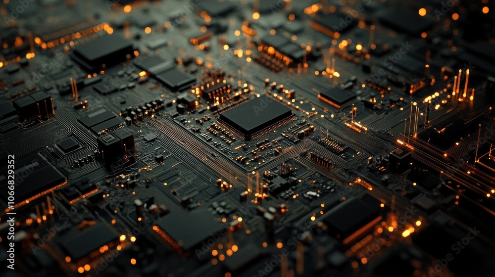 Close-up of a microchip with circuits, symbolizing hardware technology and computing Close-up of a microchip with circuits, symbolizing hardware technology and computing