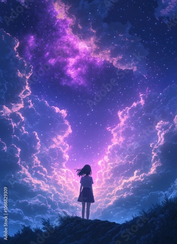 A lone girl gazes at the night sky with a vibrant purple and pink nebula.