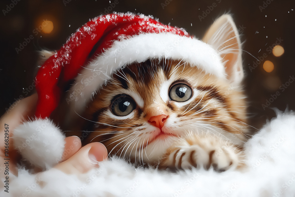 Adorable tabby Kitten in Santa Hat with wide eyes, resting on fluffy surface, surrounded by soft Holiday Lights and creating warm Christmas ambiance Adorable tabby Kitten in Santa Hat with wide eyes, resting on fluffy surface, surrounded by soft Holiday Lights and creating warm Christmas ambiance