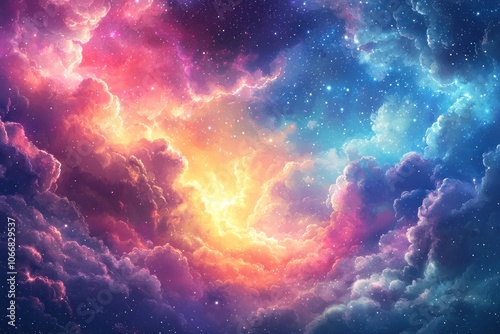 A vibrant cosmic skyscape with swirling clouds and a starry backdrop