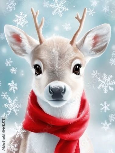 cute reindeer with red scarf stands surrounded by falling snowflakes, creating festive and joyful winter scene
