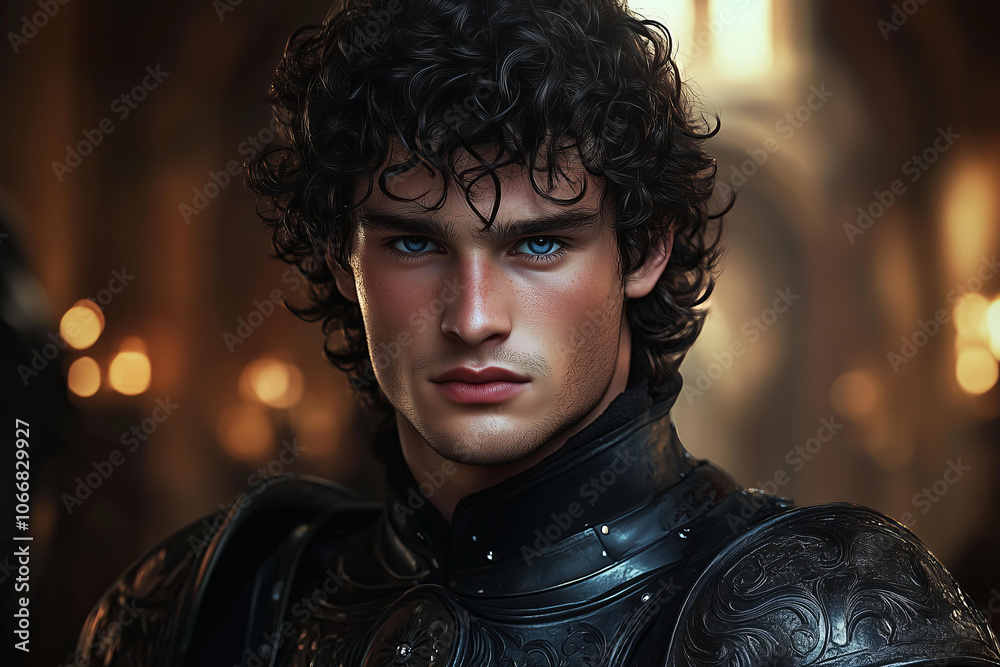 young fantasy man with dark, curly hair and blue eyes, wearing black ...