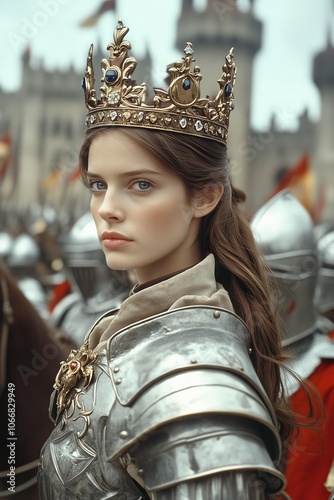 young princess woman in armor and crown leading an army of knights on horseback, in front of the king's palace. She has brown hair , blue eyes, pale skin, wearing silver armor and a red tabard photo