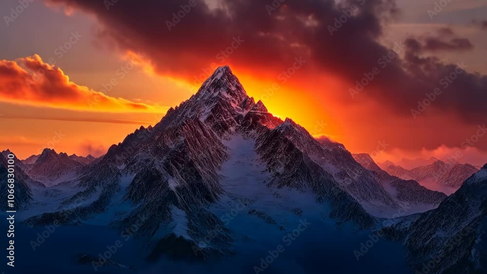 A tall mountain peak is illuminated by a vibrant orange sunset A tall mountain peak is illuminated by a vibrant orange sunset