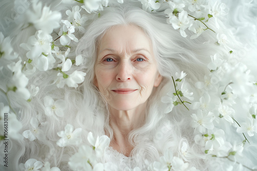 candid portrait of a slightly smiling blue eyed old woman with long white wavy hair and wrinkled beautiful kind face , surrounded by white flowers and floating petals  photo