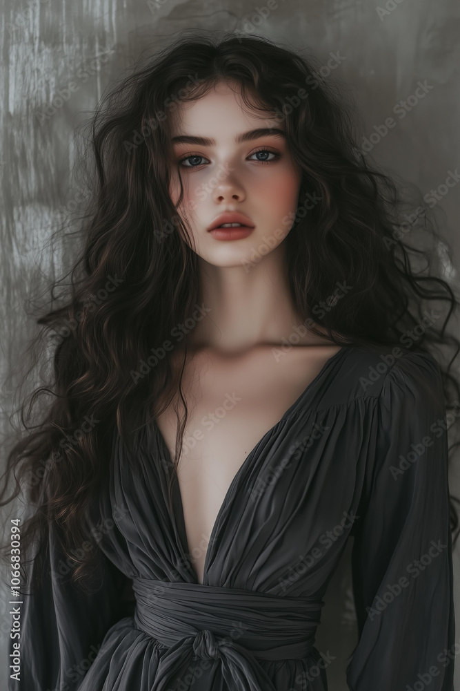Closeup portrait of a young woman with long, curly hair, wearing an elegant dark gray airy dress with sleeves and a waist belt, posing in front of a wall. The image has a dark academia aesthetic Closeup portrait of a young woman with long, curly hair, wearing an elegant dark gray airy dress with sleeves and a waist belt, posing in front of a wall. The image has a dark academia aesthetic
