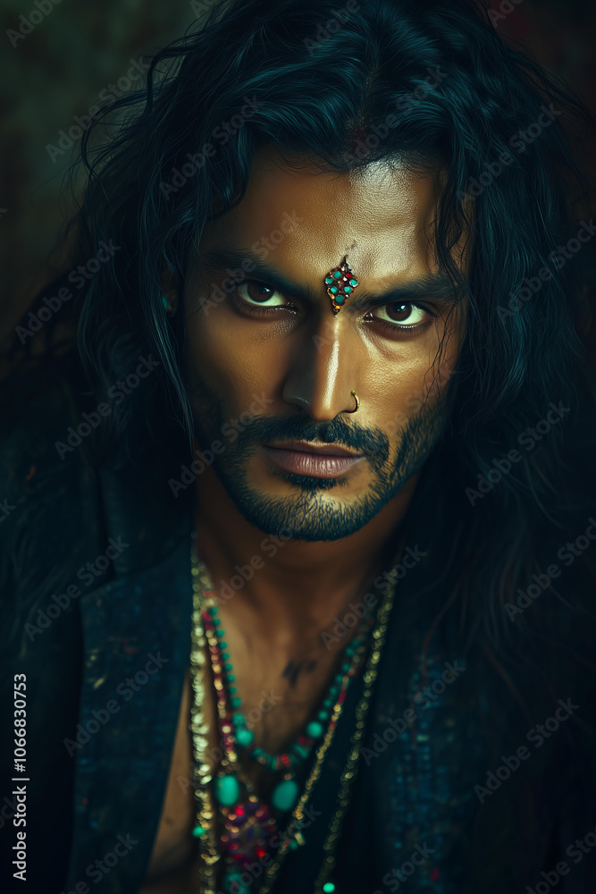 ndian man with jewels in his hair, looking into the camera, with a gritty and dirty appearance. He is wearing a black jacket and a necklace with red, green, and turquoise jewelry. ndian man with jewels in his hair, looking into the camera, with a gritty and dirty appearance. He is wearing a black jacket and a necklace with red, green, and turquoise jewelry.