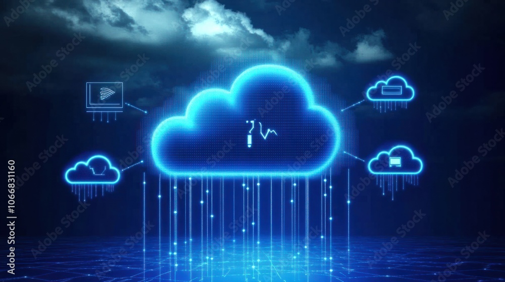 Floating cloud icons connected by digital lines, symbolizing cloud computing technology Floating cloud icons connected by digital lines, symbolizing cloud computing technology
