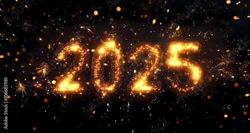 Happy New Year! Golden text "2025" with fireworks on a black background vector illustration design for a happy new year celebration and festive greeting card or party banner template