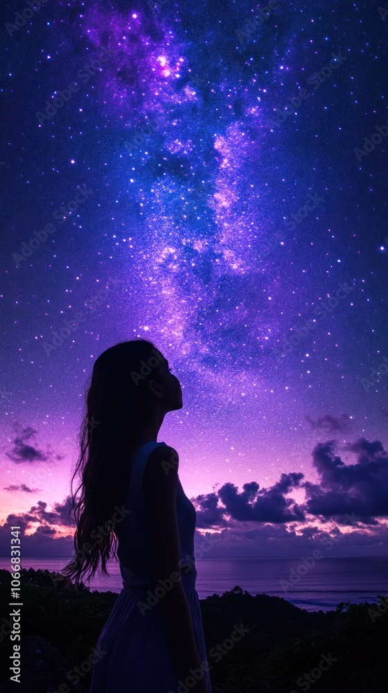 Silhouette of a Woman Gazing at the Milky Way over the Ocean Silhouette of a Woman Gazing at the Milky Way over the Ocean