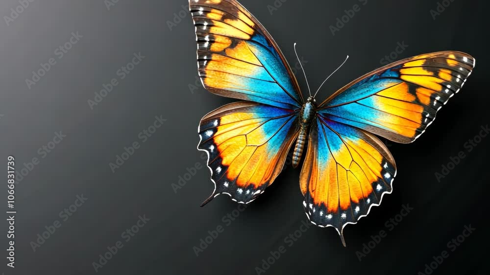 A colorful butterfly with yellow and blue wings rests on a dark background