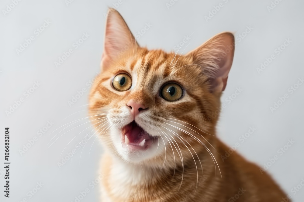 Curious Orange Tabby Cat with Wide Eyes and Open Mouth Against a Soft Gray Background Curious Orange Tabby Cat with Wide Eyes and Open Mouth Against a Soft Gray Background