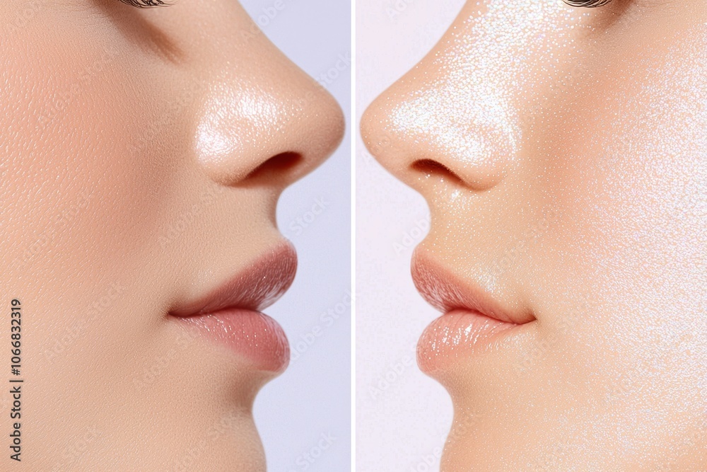 Obraz premium A close-up view of two female faces highlighting their profiles, showcasing smooth skin textures and subtle shine.