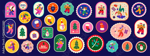 Christmas and New Year stickers, tags and labels. Merry Christmas holiday illustrations. Christmas decorative stickers with fun people, Christmas tree, snowman and gifts.