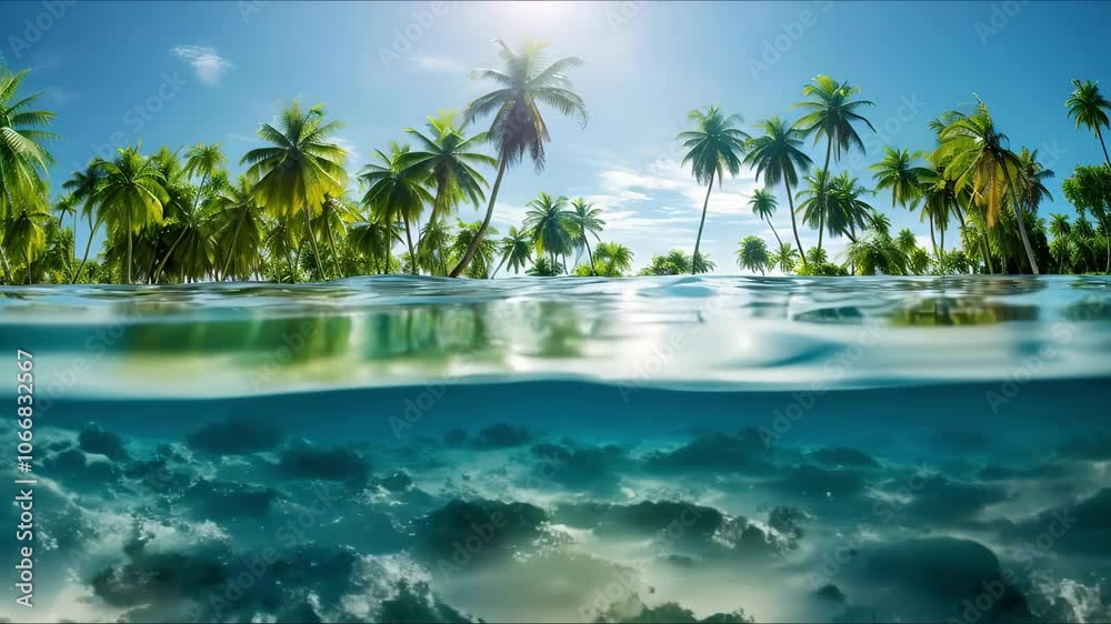 Ai-generated illustration of a blue clean underwater and palm trees under a sunny sky Ai-generated illustration of a blue clean underwater and palm trees under a sunny sky