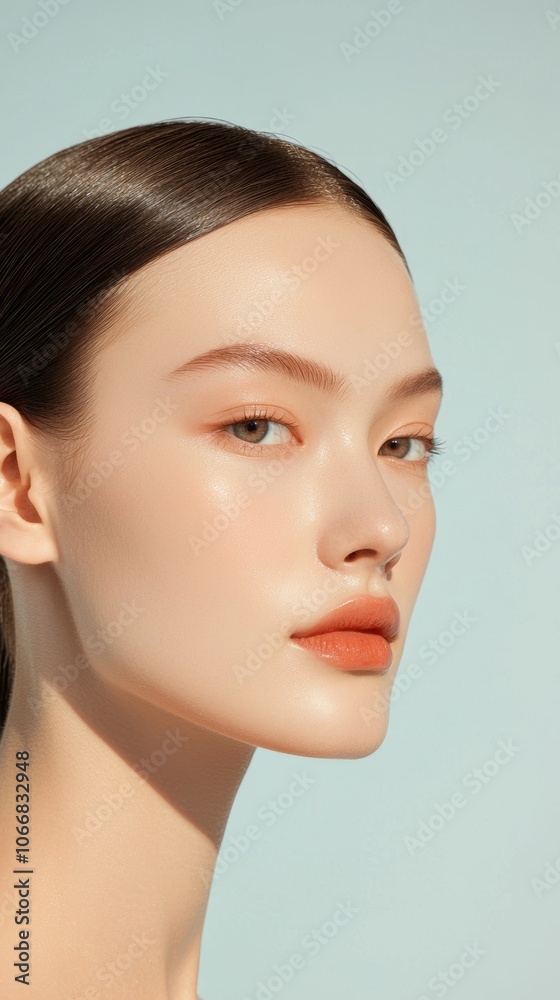 A serene portrait of a woman with flawless skin, accentuated features, and a soft expression against a light background. A serene portrait of a woman with flawless skin, accentuated features, and a soft expression against a light background.