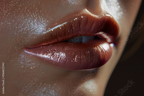 Close-up of glossy, full lips with a shimmering finish, capturing a seductive and alluring look.