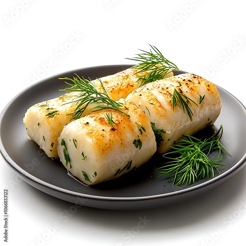 Lutefisk on Plate with Fresh Herbs and Garnish photo