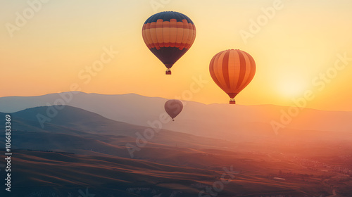 travel and inspiration, hot air ballons in Turkey flying at sunrise sky