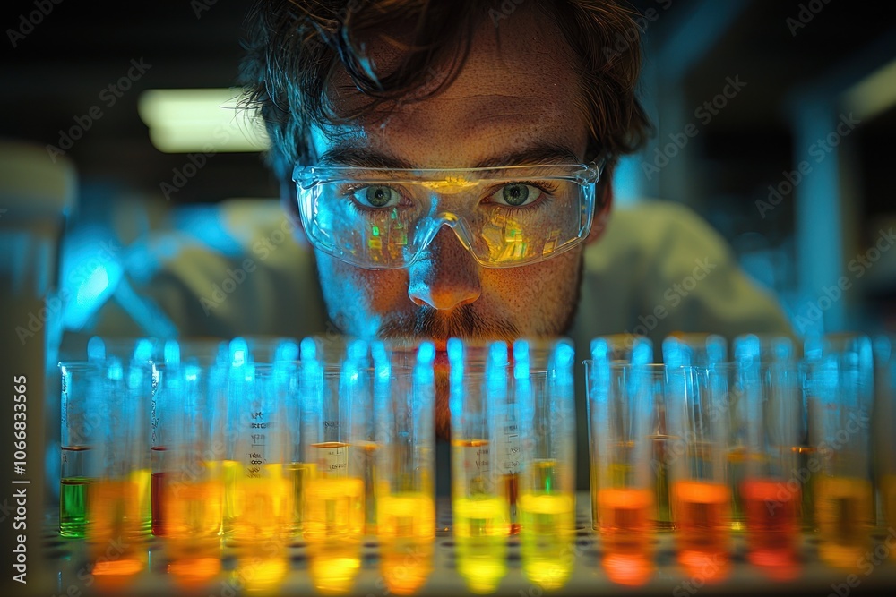 A Scientist in a Lab Examining Colorful Liquids in Test Tubes A Scientist in a Lab Examining Colorful Liquids in Test Tubes