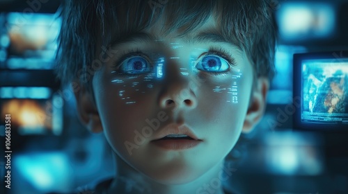 Boy captivated by digital screens showcasing technology exposure, kid immersed in virtual environment, symbolizing digital literacy and technology influence in childhood, print for National Technology