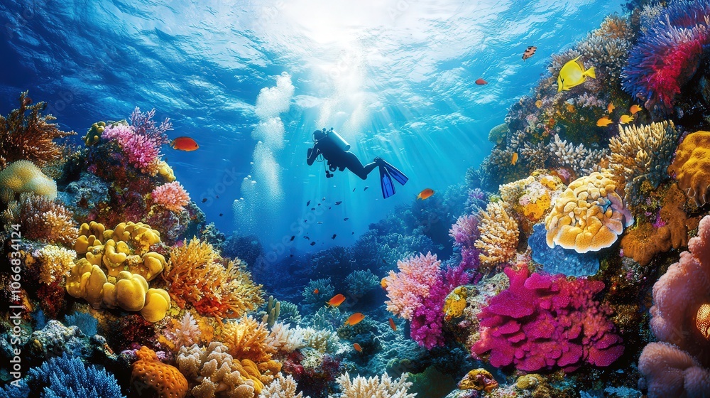 Fototapeta premium A diver navigates through a stunning coral reef, surrounded by an array of colorful fish and corals, in the serene depths of the ocean, enjoying the beauty of underwater life