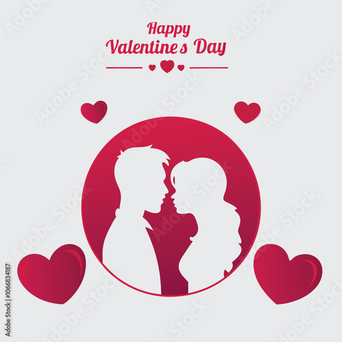 Happy Valentines Day illustration. Romantic silhouette of loving couple