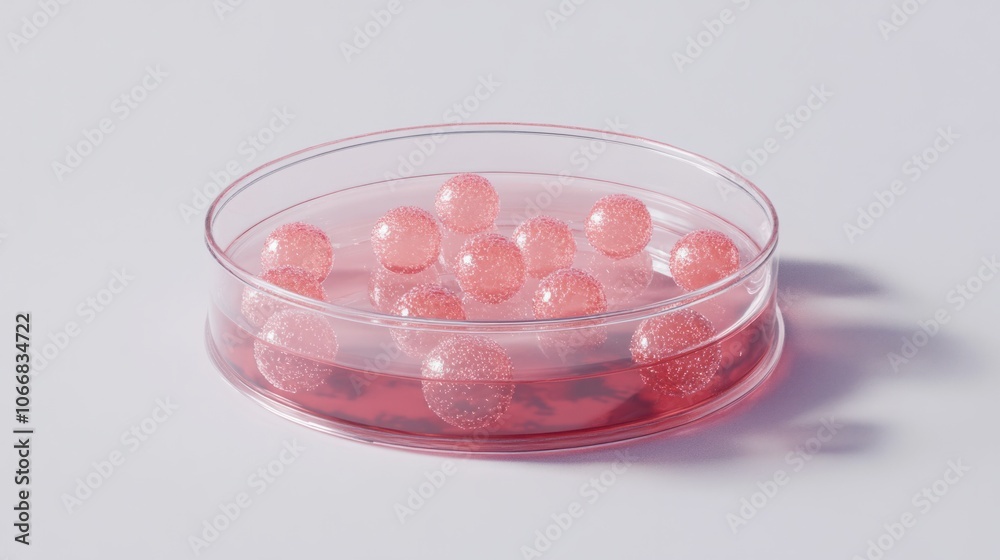 3D render of stem cells in a petri dish, isolated on a light background, representing cellular biology 3D render of stem cells in a petri dish, isolated on a light background, representing cellular biology
