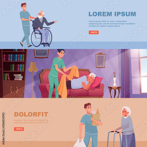 Elderly care. social medical service helping elderly people. vector horizontal banners