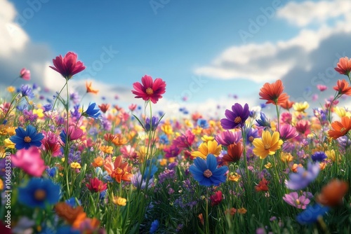 A vibrant field of colorful flowers under a clear blue sky, creating a serene and picturesque landscape filled with nature's beauty.